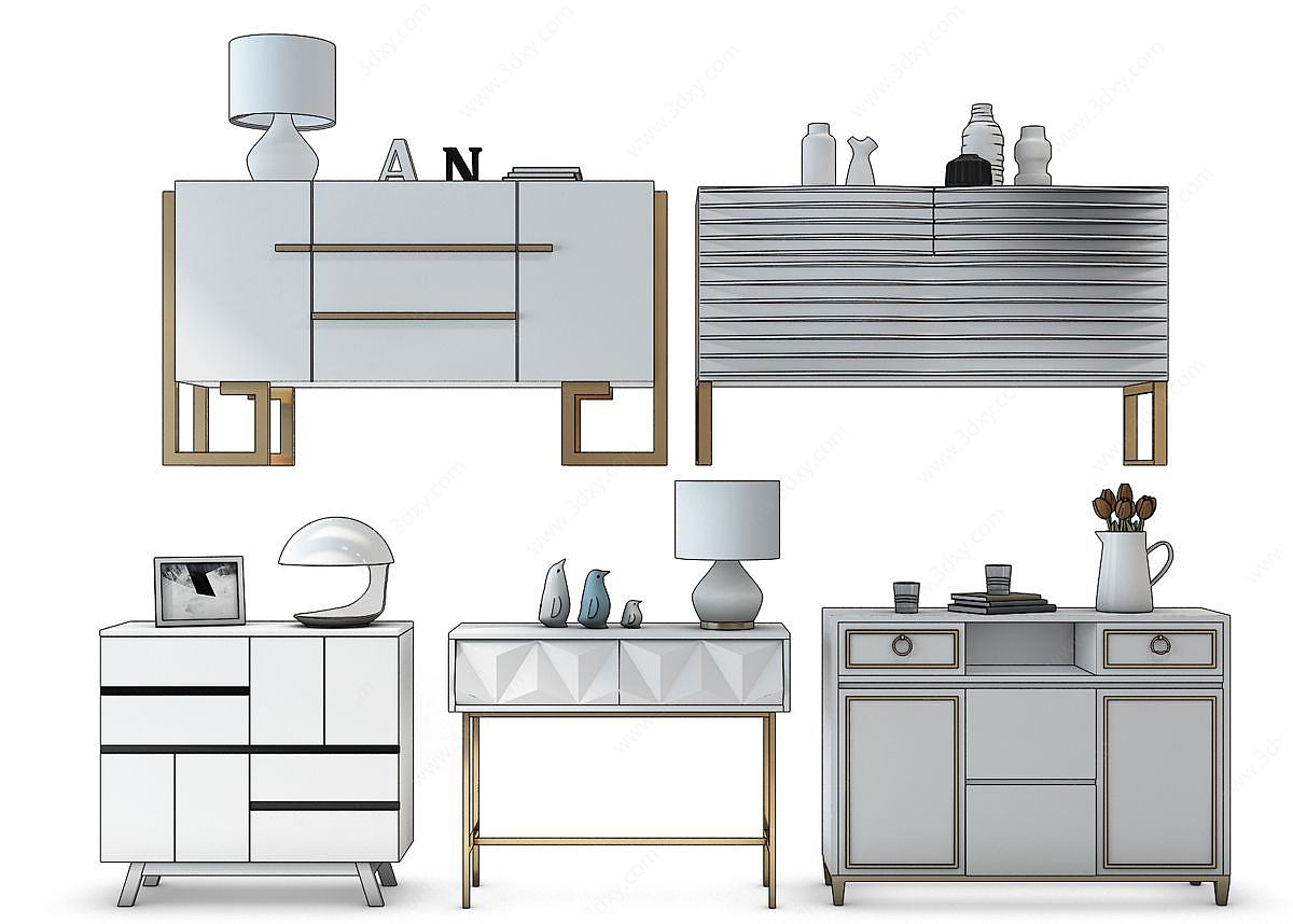 现代白色边柜斗柜书桌组合3D模型