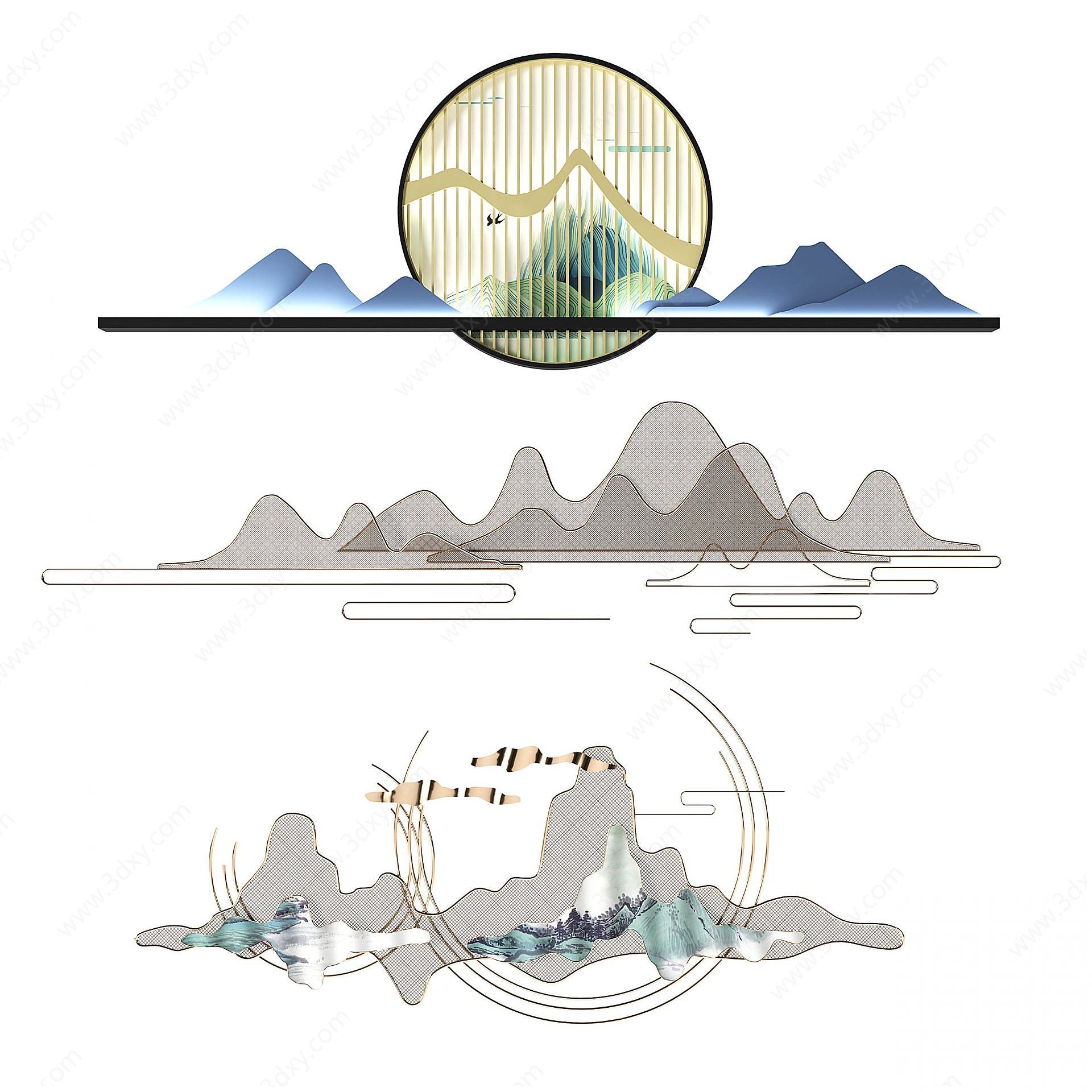 新中式金属墙饰挂件3D模型