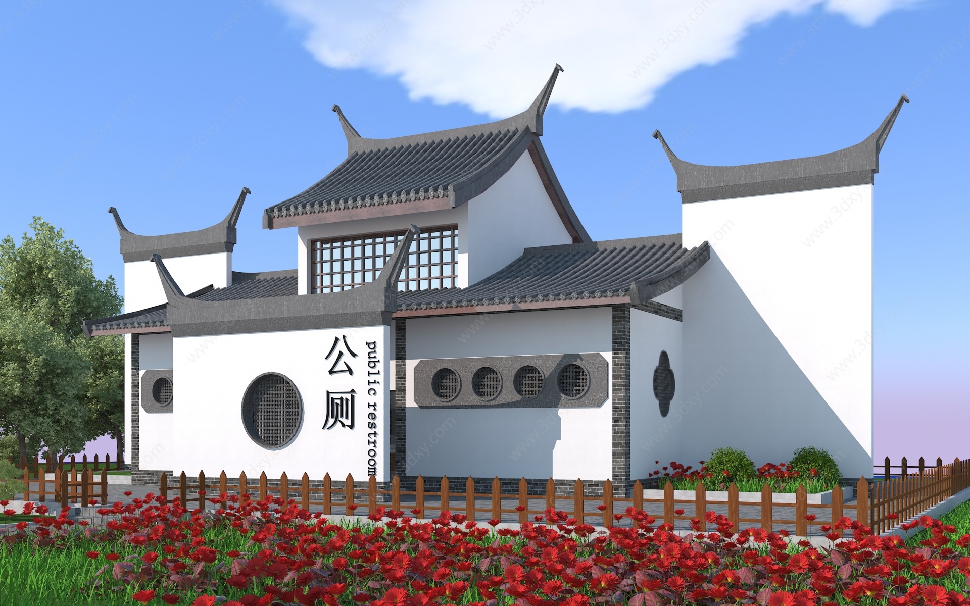 中式公厕建筑3D模型