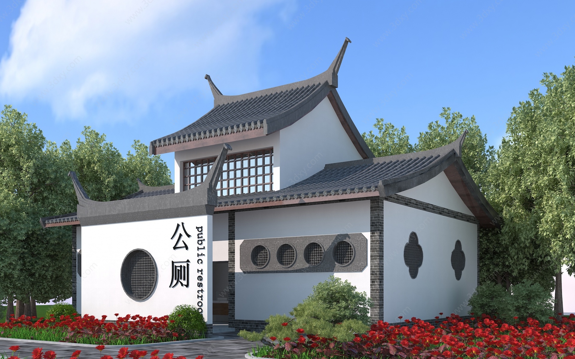 中式公厕建筑3D模型