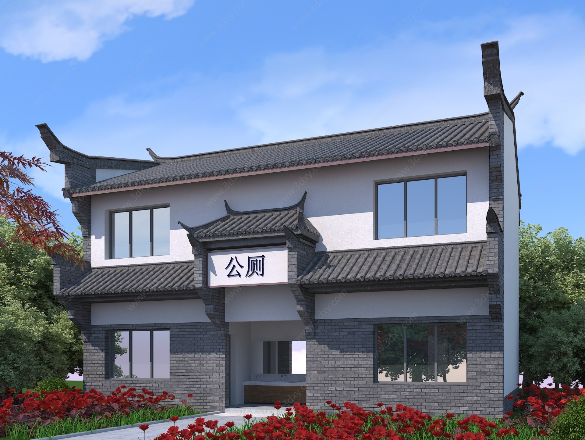 中式公厕建筑3D模型