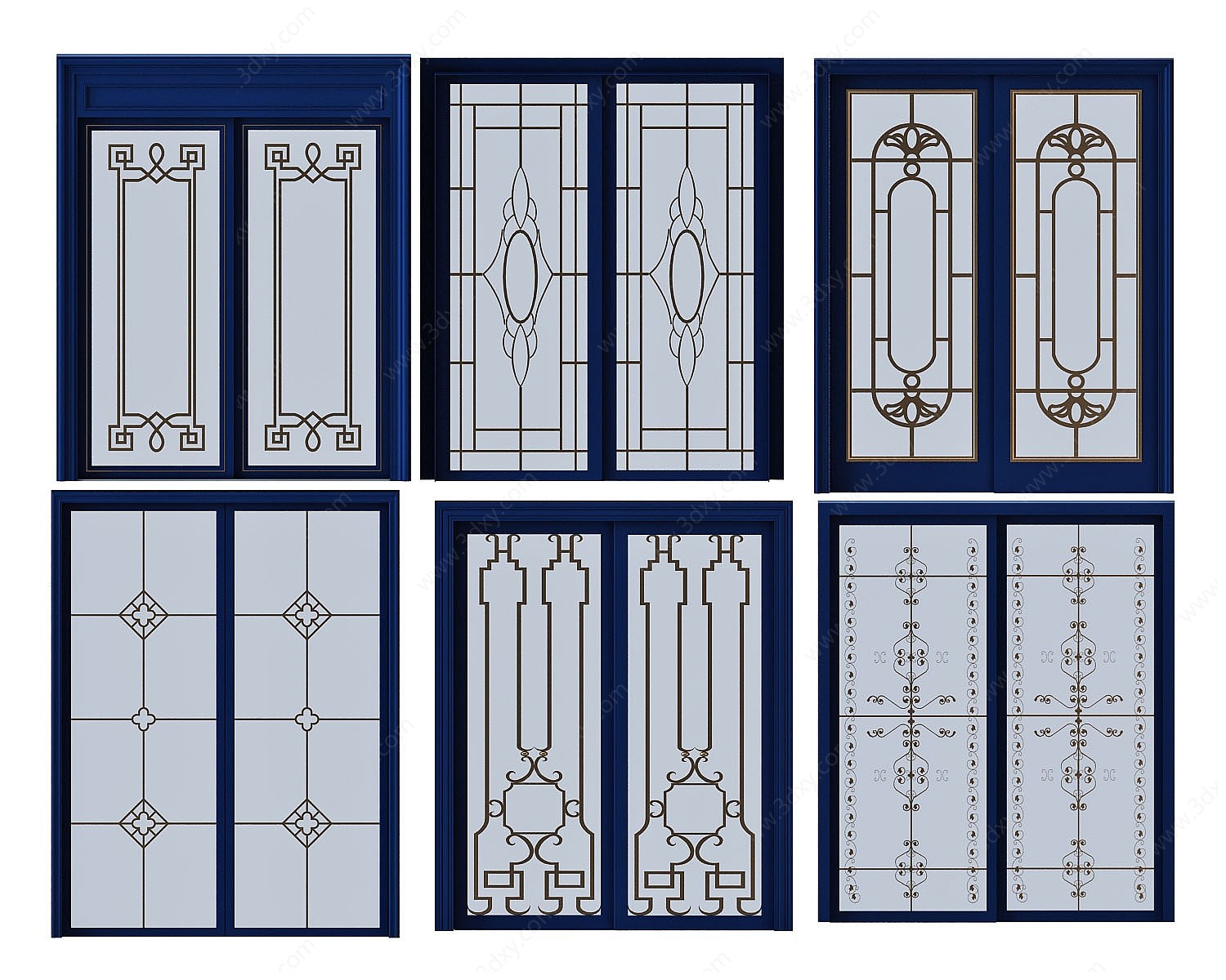 欧式铁艺实木玻璃推拉门3D模型