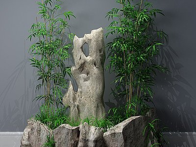 中式植物小品假山喷泉模型