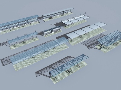 钢架玻璃自行车雨棚遮阳棚模型3d模型
